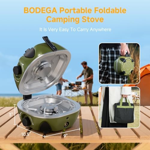 BODEGA 2 Burner Camping Stove,20000 BTU Foldable Propane Camp Stove with Pressure Adjustable Burners,Wind-Resistant Dual Gas Stoves with Portable Handle&Bag&GrillPan for Camping,BBQ,RV,Tailgating