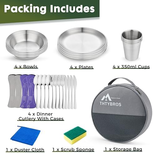 Stainless Steel Camping Mess Kit for 1-4 People,All-in-One Camping Cookware & Tableware Set with Plates,Bowls, Cups,Cutlery & Carry Bag,Outdoor Cooking Utensils for Camping,Backpacking,Hiking, Picnic