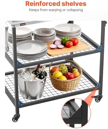 VEVOR Outdoor Grill Cart, 31.5 x 24.0 inch Stainless Steel Tabletop Size Grilling Table, Outdoor Cooking Table with 4 Wheels & Side Handle, Two Mesh Shelves, BBQ Prep Tables for Patio, Garden
