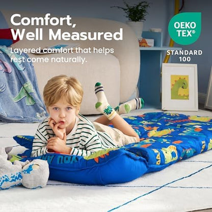 JOIEDOMI Toddler Nap Mat with Removable Pillow and Minky Blanket 55''x30'' Kids Sleeping Bag for Boys and Girls Ages 3-6 Roll Up Soft Nap Mats for Preschool Kindergarten Daycare Sleepover