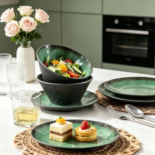 Melamine Dinnerware Sets for 4, 12 Pcs Plates and Bowls set, Green