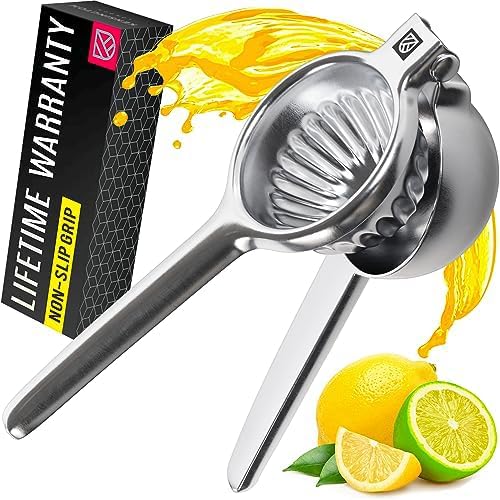 Stainless Steel Lemon Squeezer Press - No Seeds, Pro-Grade, Effortlessly Get Every Drop - Manual Non-Slip Grip Design - Lemon Lime Squeezer, Orange, and Citrus Fruit Hand Held Lemon Juicer Squeezer