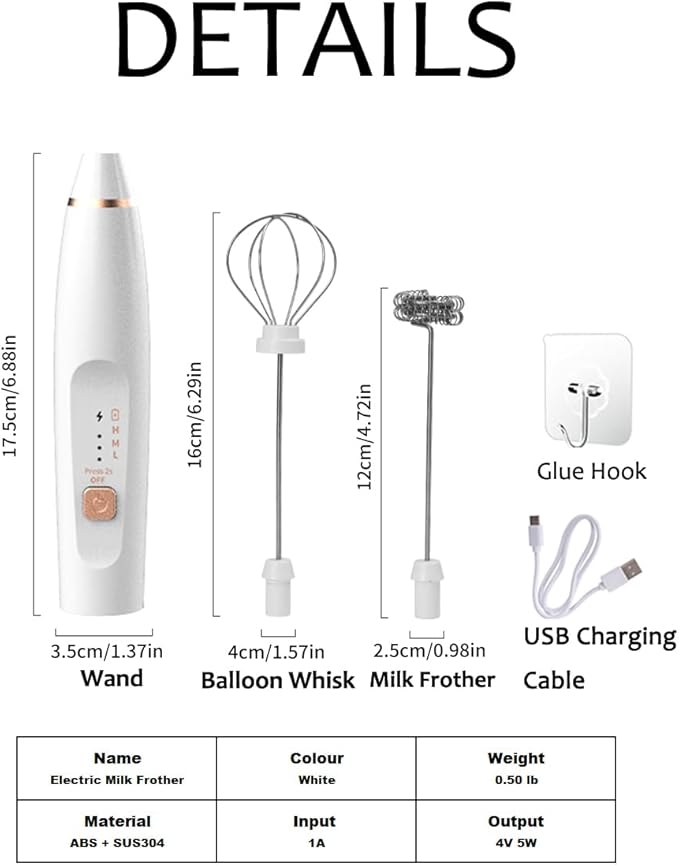 Milk Frother Handheld Foam Maker with 2 Stainless Stirring Head 3 Speed Rechargeable Electric Blender Milk Frother Wand Drink Mixer for Cappuccino Matcha Latte Hot Chocolate Protein Powder Egg (White)