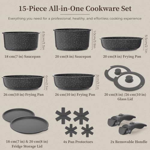 YASHE 15Pcs Nonstick Pots and Pans Set with Removable Handle, Oven Safe