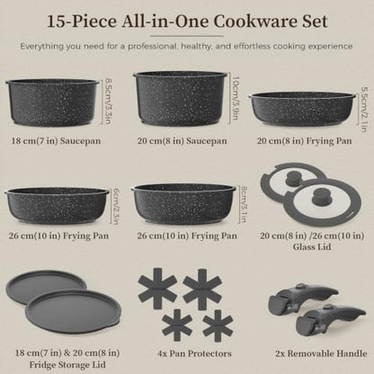 YASHE 15Pcs Nonstick Pots and Pans Set with Removable Handle, Oven Safe