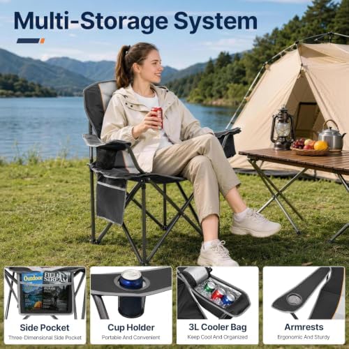 Suteck Folding Camping Chair, Oversized Heavy Duty Chairs, Black (2Pack)