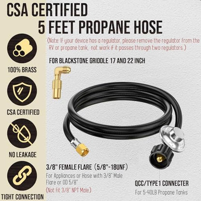 5 Feet Propane Regulator and Hose with Elbow Adapter for Blackstone 17 inch and 22 inch Table Top Griddle, QCC1 to 3/8 Female Flare Nut Hose and Regulator for Most LP Gas Grill Heater and Fire Pit