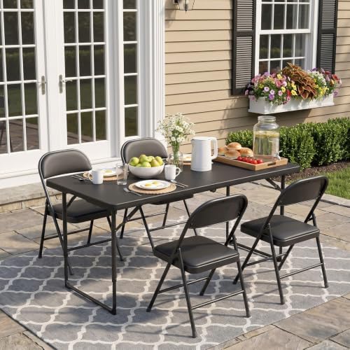 4FT Folding Table Adjustable Height Heavy Duty Plastic Folding Tables with Carry Handles, Fold-in-Half Portable Tables with Steel Legs for Party, Wedding, Camping, Picnic, Indoor Outdoor Events, Black