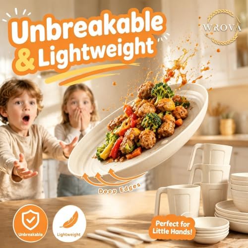 Wrova Plates and Bowls Sets for 4,Unbreakable Dinnerware Set 24 Piece,Beige