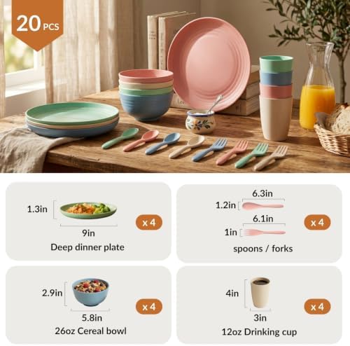 Homienly Wheat Straw Dinnerware Sets 20 PCS Plates and Bowls Sets Microwave and Dishwasher Safe Dish Set Unbreakable Camping Dish Set Cups and Plates Sets for Kitchen, Picnic, RV (Multilight)