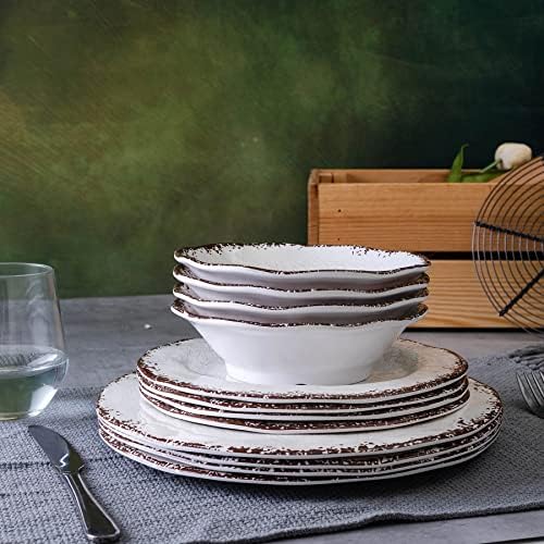 LEHAHA Vintage White Melamine Dinnerware set, 12 Piece Lightweight Dish Set