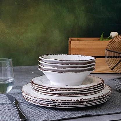 LEHAHA Vintage White Melamine Dinnerware set, 12 Piece Lightweight Dish Set