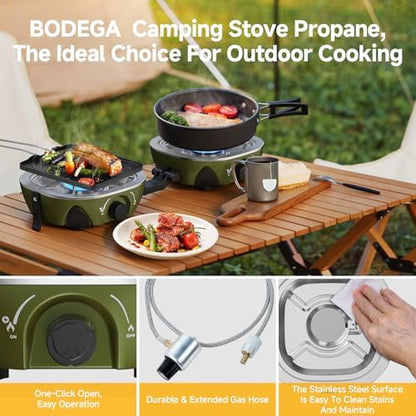 BODEGA 2 Burner Camping Stove,20000 BTU Foldable Propane Camp Stove with Pressure Adjustable Burners,Wind-Resistant Dual Gas Stoves with Portable Handle&Bag&GrillPan for Camping,BBQ,RV,Tailgating