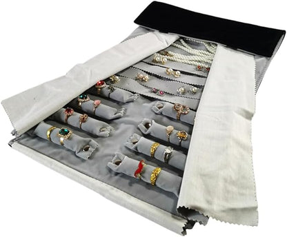 Velvet Travel Jewelry Case Roll Bag Organizer for Necklace Bracelet Earrings Ring (Black) (Black and Grey)