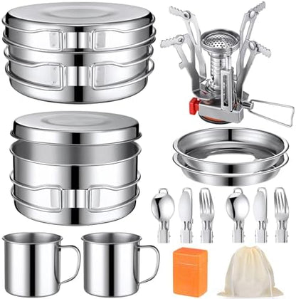 Funnymoom 15 Pcs Camp Cooking Set Stainless Steel Camping Cookware Mess Kit with Pot Pan and Stove 2 Set Stainless Steel Cups Plates Forks Knives Spoons for Camping Backpacking Outdoor Cooking Picnic