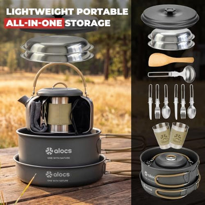 ALOCS 20pcs Camping Cookware Mess Kit, Camping Pots and Pans Set
