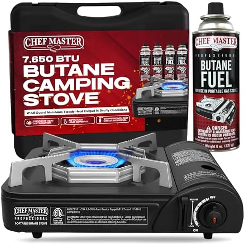 Chef Master Portable Butane Camping Stove, Tabletop Gas Cooker, 7,650 BTU