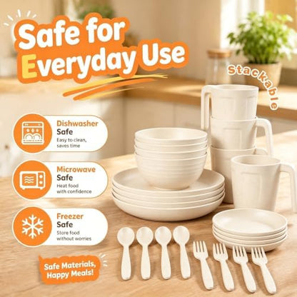 Wrova Plates and Bowls Sets for 4,Unbreakable Dinnerware Set 24 Piece,Beige