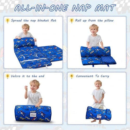 Lasoftan Toddler Nap Mat with Pillow and Blanket, Extra Large Rolled Napping Mats,Slumber Bags for Boys Girls,Kids Sleeping Bag for Daycare, Preschool Travel Camping