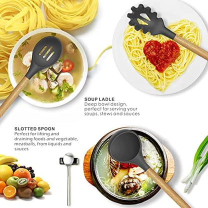oannao Silicone Cooking Utensils Kitchen Utensil Set - 446°F Heat Resistant Silicone Kitchen Utensils Set, Spatula,Turner Tongs, Spoon, Whisk,Kitchen Gadgets for Nonstick Cookware, BPA Free (Gray)