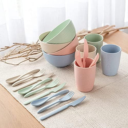 FOODLE Wheat Straw Dinnerware Set - Non-Toxic Kids Plates and Bowls Sets