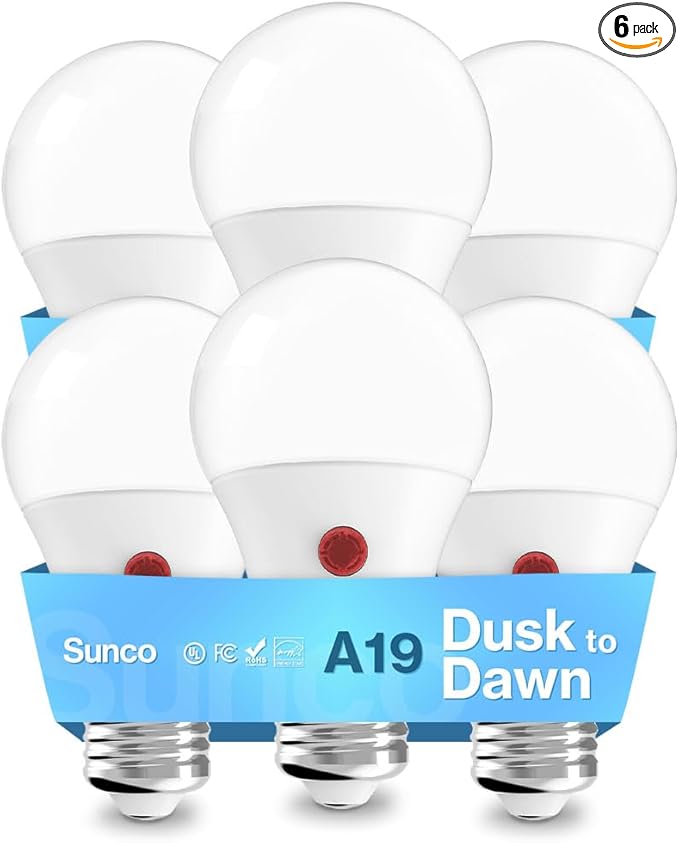 Sunco 6 Pack Dusk to Dawn LED Outdoor Light Bulb A19, Photocell Automatic for Exterior Lighting, 800 LM, 9W (60W Eqv.), 5000K Daylight, Auto On/Off Sensor, IP65 Rated UL