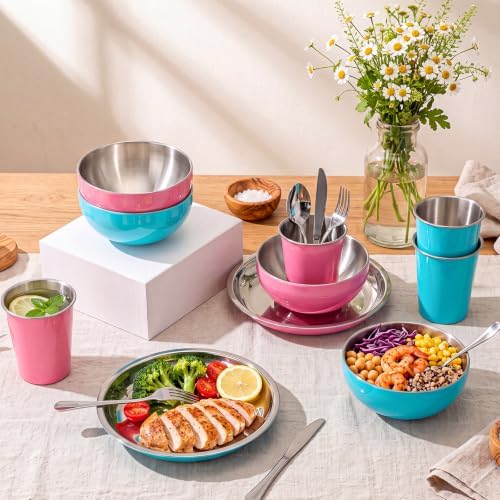 Jinei 24 Pcs Stainless Steel Camping Dinnerware Set for 4,Pink and Blue