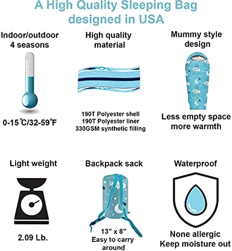KidzAdventure Mummy Style 32 – 59F Kids Sleeping Bag with Pillow Sleeve, 4 Season, Lightweight and Backpacking Style, Ideal for Camping, Sleepover, Boys, Girls, and Youth