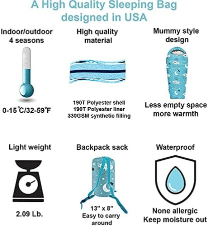 KidzAdventure Mummy Style 32 – 59F Kids Sleeping Bag with Pillow Sleeve, 4 Season, Lightweight and Backpacking Style, Ideal for Camping, Sleepover, Boys, Girls, and Youth