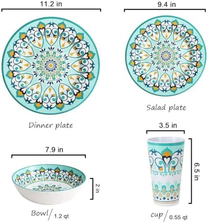 Melamine Dinnerware Set for 4-16 Pcs:Camping Dishes Set with Dinner Plates,Salad Plates,Bowls and Cups.Lightweight and Unbreakable.Indoor and Outdoor Use.