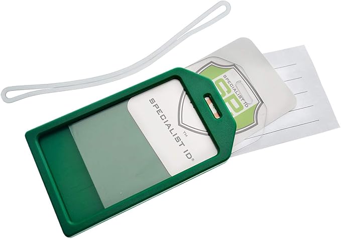 5 Pack - Premium Rigid Airline Luggage Tag Holders with 6" Worm Loops - Heavy Duty Hard Plastic -Suitcase ID Tag Identifiers with Business Card Insert Window by Specialist ID (Green)