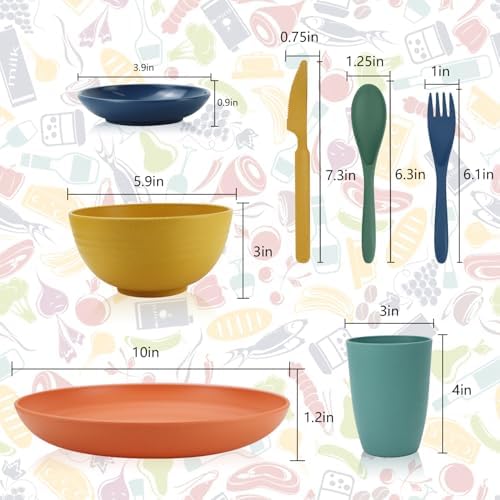 Wrova Wheat straw plates and bowls sets with cutlery - Unbreakable wheat straw dinnerware sets of 28 - Microwave safe plates,bowls,cups for camping,kitchen,new apartment.Colorful