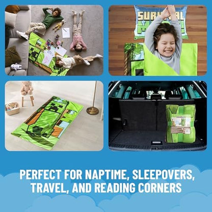Jay Franco Kids Slumber Bag and Pillow - 54 x 27 Inch Comfy Indoor Sleeping Bag for School and Sleepovers, 2 Piece Set, Green - Minecraft