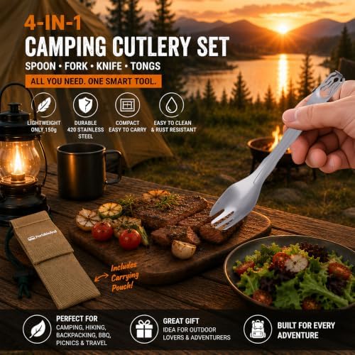 Camping Cutlery Set with Built-in Tongs, 4-in-1 Camping Utensils, Spoon Fork Knife Combo, Compact Stainless Steel Flatware for Camping, Backpacking, Hiking, Picnic, RV & Trave (1-Pack)