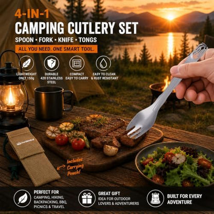 Camping Cutlery Set with Built-in Tongs, 4-in-1 Camping Utensils, Spoon Fork Knife Combo, Compact Stainless Steel Flatware for Camping, Backpacking, Hiking, Picnic, RV & Trave (1-Pack)
