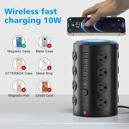 Surge Protector Power Strip - Desk Charging Station with 15W Wireless Charger, Multiple Outlets Charging Station with 16 2300J AC Outlets & 5 USB (2 USB C) Port, for Home, Office, Dorm Room