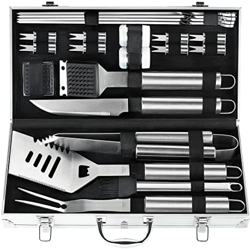 POLIGO 22PCS Heavy Duty BBQ Grill Accessories Set, Non-Slip Grill Tools for Outdoor Grill Set Stainless Steel Grill Utensils Set, Deluxe Grilling Tools Set in Aluminum Case Ideal Gifts for Men Silver