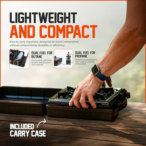 Portable Camping Stove 3000W Butane or Propane Fuel Compatable (Propane Adapter not Included), Automatic Ignition, Precise Heat Control, for Camping, Hiking, and Outdoor Cooking (Without Adapter Pipe)