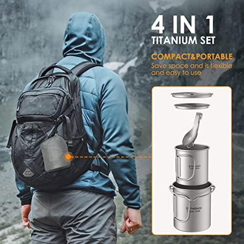 TOMSHOO 750ml Titanium Pot with Lid + 450ml Titanium Mug + Folding Spork