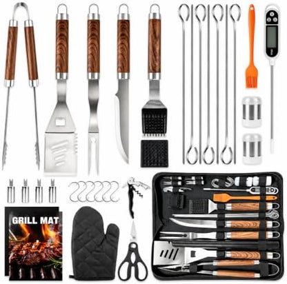 MUYFIO 32 Pcs BBQ Accessories, Heavy Duty Grill Accessories, 16 in, Stainless Steel Grill Set with Case, Thermometer, BBQ Tools for Outdoor Grill Camp Cook, Grill Gifts for Men, Women