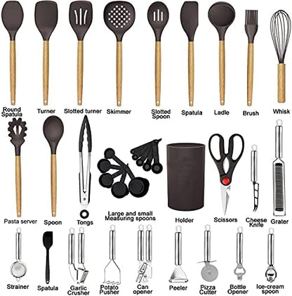 Cooking Utensils Set- 35 PCs Kitchen Utensils with Grater,Tongs, Spoon Spatula &Turner Made of Heat Resistant Food Grade Silicone and Wooden Handles Kitchen Gadgets Tools Set for Cookware