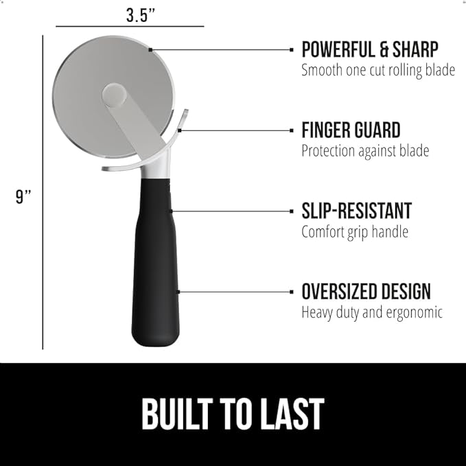 GORILLA GRIP BPA-Free Large Pizza Cutter Wheel, 9 Inch, Sharp Stainless Steel Blade, Slip Resistant Handle with Thumb Guard Protection, Slice Thick or Thin Pizzas, Pie, Pastries in Seconds, Black