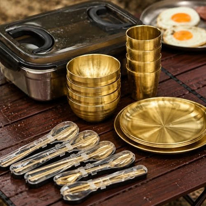 304 Stainless Steel Dinnerware Sets for 6, Portable Camp Kitchen Dinnerware, Shiny Outdoor Dish Sets, Family Camping Plates Bowls 33.5x23.5x12.5cm, 4-Person Tableware Set