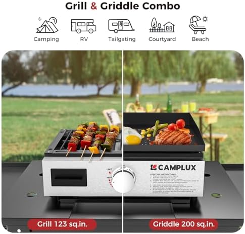 CAMPLUX Propane Griddle Grill 2-in-1 11,000 BTU, Portable Camping Griddle Ceramic Coated, 18-Inch Tabletop Grill with 20 lbs and RV Regulator for BBQ, Camping, RV Picnic and Tailgating