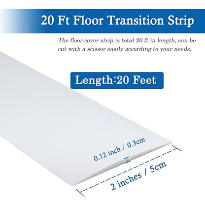 Floor Transition Strip Self Adhesive Floor Cover Strips Laminate 2" Wide Vinyl Flat Divider Transitions (5cm, 20Ft, White)