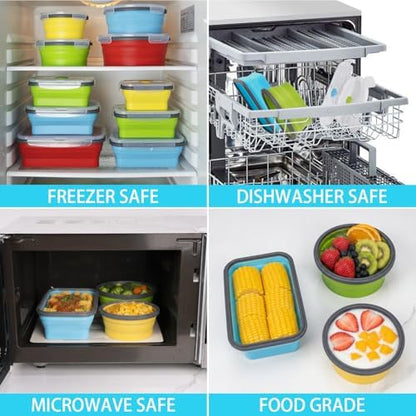 Collapsible Food Storage Containers with Lid & Air Vent, 16 Pack, 8 Rectangular + 8 Round, Annaklin Foldable Silicone Lunch Containers Collapsible Bowls Set, Microwave Freezer Dishwasher Safe, 4-Color