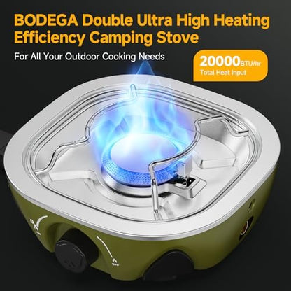 BODEGA 2 Burner Camping Stove,20000 BTU Foldable Propane Camp Stove with Pressure Adjustable Burners,Wind-Resistant Dual Gas Stoves with Portable Handle&Bag&GrillPan for Camping,BBQ,RV,Tailgating
