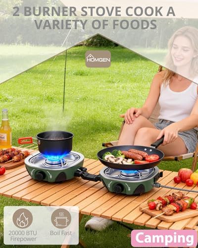 HOMGEN Portable Dual Burner Propane Stove - 20,000 BTU Foldable Camping Stove with Piezo Ignition- Portable 2 Burner for Camping/Hiking/Picnic/RV Travel Trip-Includes Storage Bag & Hose (Green)