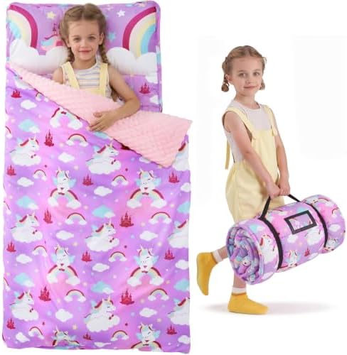 JOIEDOMI Toddler Nap Mat with Removable Pillow and Minky Blanket 55''x30'' Kids Sleeping Bag for Boys and Girls Ages 3-6 Roll Up Soft Nap Mats for Preschool Kindergarten Daycare Sleepover
