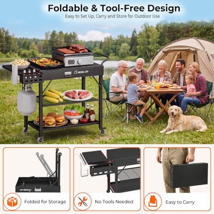 Grill Cart, 19 inch,3 Tier Foldable Grill Table with Wheels 500 Lb